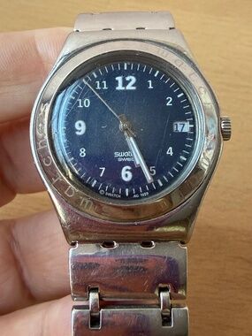 Vintage Swatch Swiss Irony Royal Blue Date Dial Stainless Steel Ladies Watch